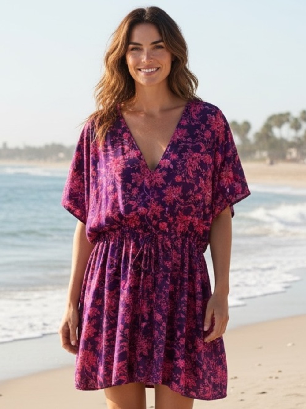 Lands' End Viscose Purple, Pink, & Coral Floral Print Swim Cover-Up Dress XL-XXL